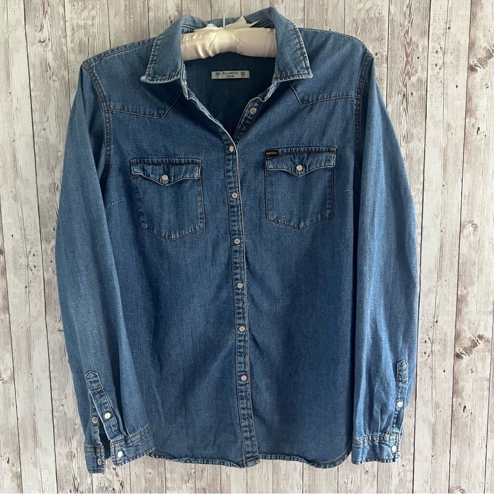 Pull&Bear Chambray Blue Denim Western Button Down Shirt Large